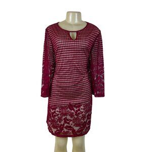 Perception Women Burgundy Lace Keyhole Tunic Dress Floral Pattern 3/4 Sleeve 1X